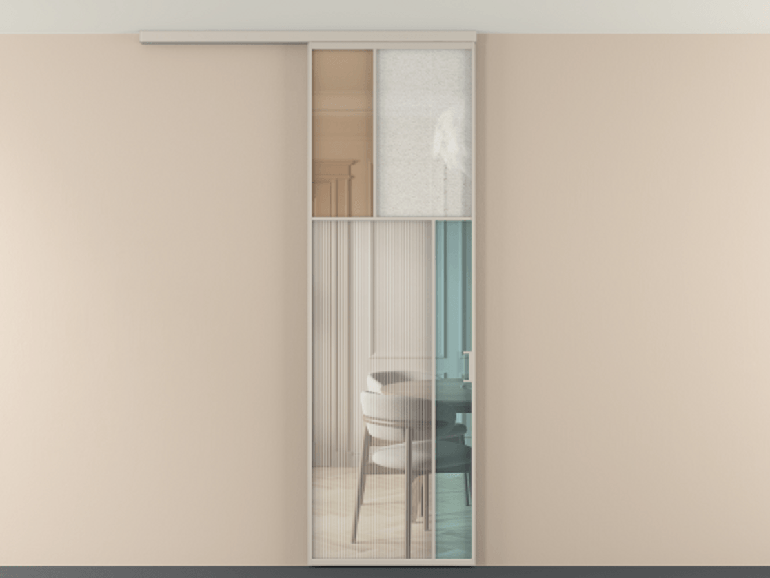 Перегородка Мозаик вдоль стены на потолок 1 створка АЛПР 041.23 Алюминий светло-бежевый Комбинация стекол Группы 1 и Группы 3 Цена 7400 AZE | Volhovec