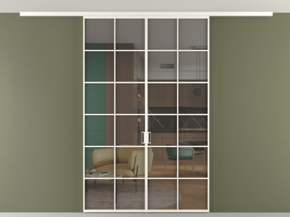 Перегородка Формато вдоль стены на потолок 2 створки АЛПР 040.05 Алюминий пудровый белый Прозрачное серое стекло, триплекс Цена 12770 AZE | Volhovec