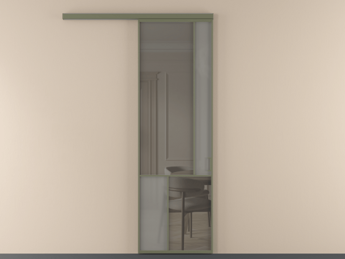 Перегородка Мозаик вдоль стены 1 створка АЛПР 041.21 Алюминий оливковый тёмный Сатинированное серое стекло, триплекс, 6 мм + Прозрачное серое стекло, триплекс Цена 7140 AZE | Volhovec