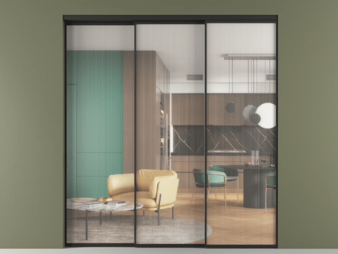 Перегородка Формато внутри проёма 3 створки с синхронным механизмом АЛПР 040.01 Алюминий Черный Рифлёное стекло "Мору", триплекс Цена 19800 AZE  | Volhovec