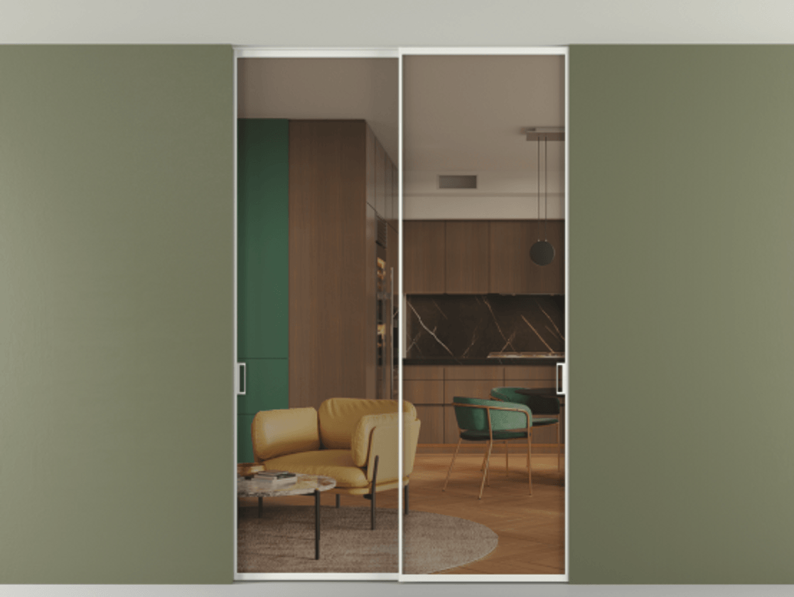 Перегородка Формато внутри проёма скрытое крепление в потолок 2 створки АЛПР 040.01 Алюминий светло-серый Прозрачное бронзовое стекло, триплекс Цена 12470 AZE | Volhovec