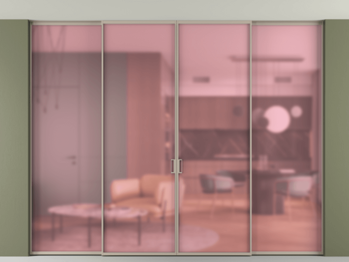 Перегородка Formato внутри проёма скрытое крепление в потолок 4 створки АЛПР 040.01 Алюминий бисквитный Сатинированное розовое стекло, триплекс. Цена 88922990 so'm 1. Полотно 4 шт. (800/2100 мм)
2. Комплект установки раздвижной системы
3. Базовый комплект фурнитуры
4.Ручка RONDO. Фабрика дверей Волховец 8 (800) 551 43 19 Перегородка Formato внутри проёма скрытое крепление в потолок 4 створки АЛПР 040.01 Алюминий бисквитный Сатинированное розовое стекло, триплекс Цена 88922990 so'm | Volhovec