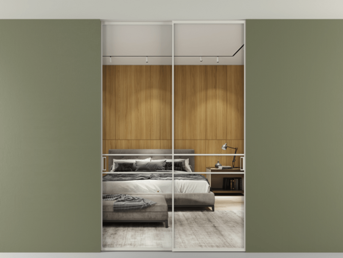 Перегородка Formato внутри проёма скрытое крепление в потолок 2 створки АЛПР 040.02 Алюминий тёплый серый Двустороннее зеркало, триплекс , триплекс 6 мм Цена 12940 AZE | Volhovec