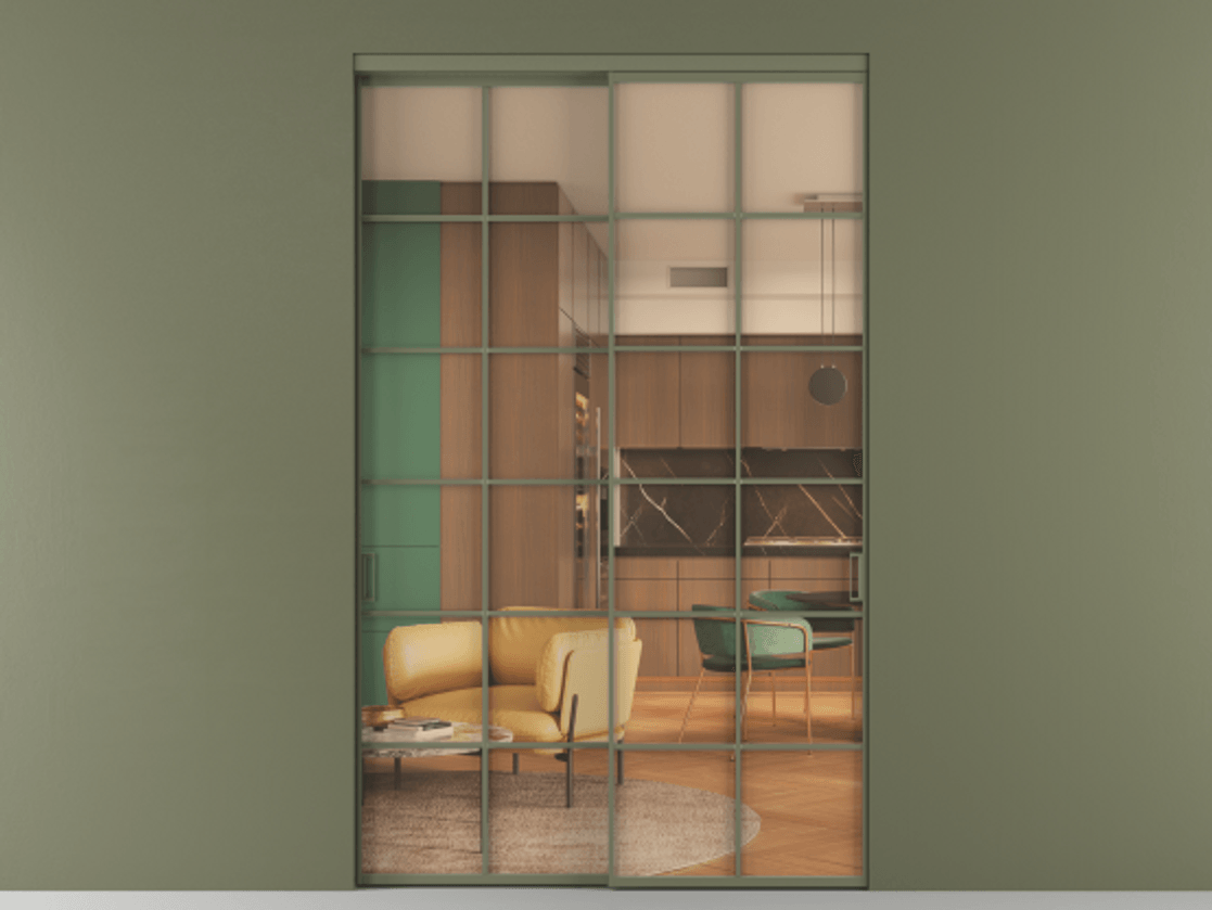 Перегородка Formato внутри проёма 2 створки АЛПР 040.05 Алюминий оливковый тёмный Прозрачное оранжевое стекло, триплекс Цена 24900 AZE  | Volhovec