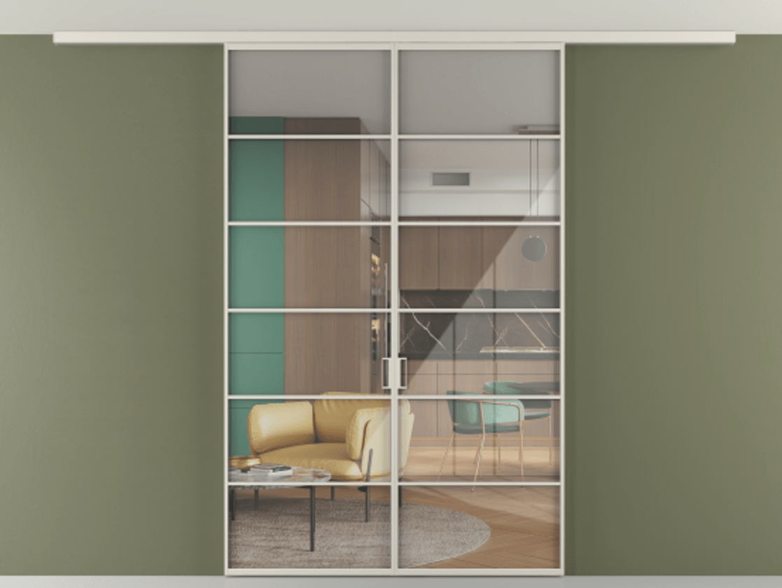 Перегородка Формато вдоль стены на потолок 2 створки АЛПР 040.04 Алюминий облачно-серый Рефлективное прозрачное стекло "Стопсол", калёное Цена 11541 AZE | Volhovec