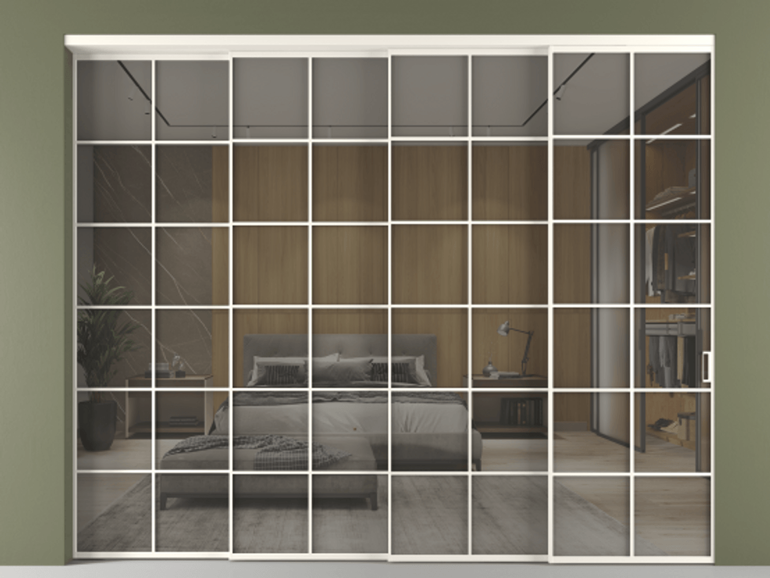 Перегородка Формато внутри проёма 4 створки с синхронным механизмом АЛПР 040.05 Алюминий пудровый белый Рефлективное серое стекло "Стопсол", калёное Цена 26810 AZE | Volhovec