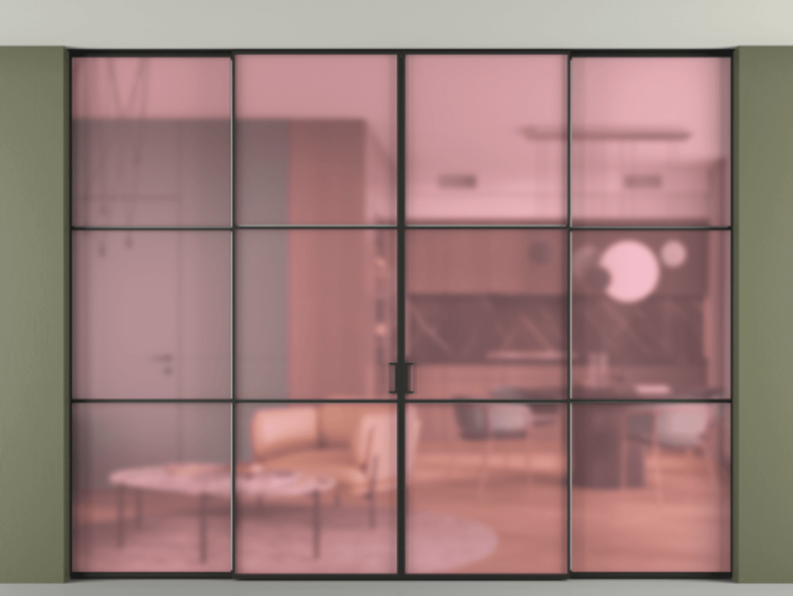 Перегородка Формато внутри проёма скрытое крепление в потолок 4 створки АЛПР 040.03 Алюминий Черный Сатинированное розовое стекло, триплекс Цена 23200 AZE | Volhovec