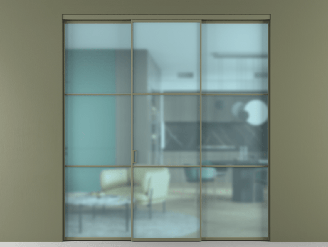 Перегородка Формато внутри проёма 3 створки АЛПР 040.03 Алюминий оливковый тёмный Сатинированное голубое стекло, триплекс Цена 12400 AZE | Volhovec