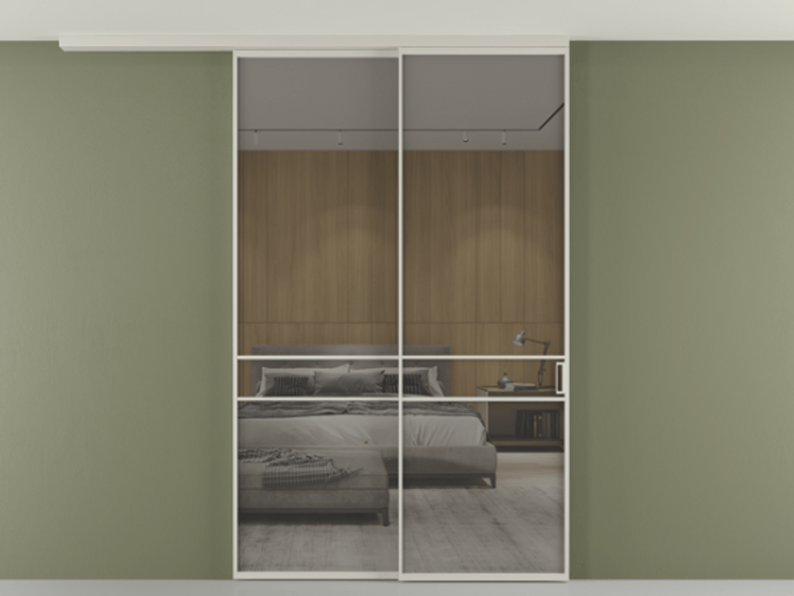 Перегородка Формато вдоль стены на потолок 2 створки с синхронным механизмом АЛПР 040.02 Алюминий тёплый серый Рефлективное серое стекло "Стопсол", калёное Цена 17050 AZE | Volhovec