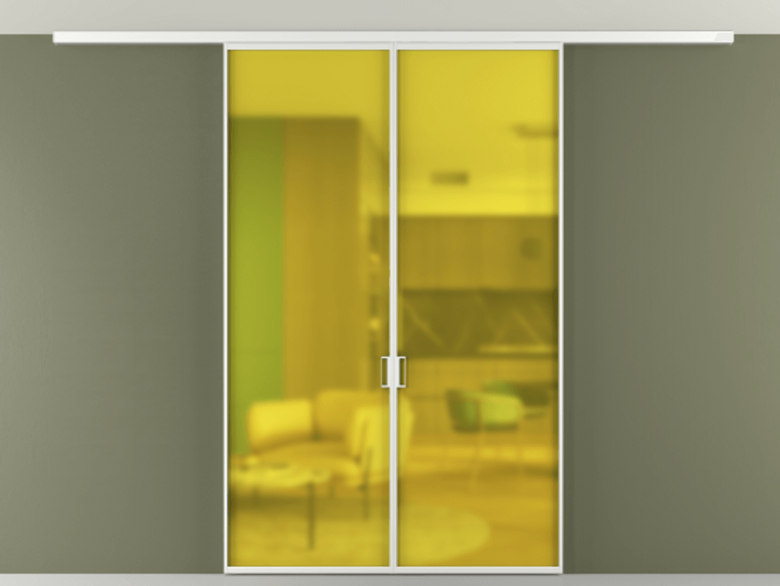 Перегородка Formato вдоль стены на потолок 2 створки АЛПР 040.01 Алюминий белоснежный Сатинированное жёлтое стекло, триплекс Цена 9700 AZE | Volhovec