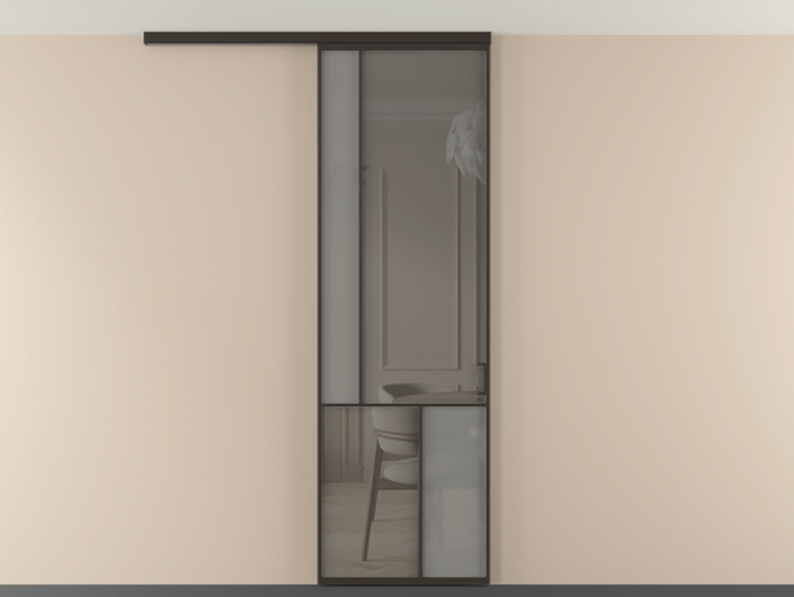 Перегородка Мозаик вдоль стены на потолок 1 створка АЛПР 041.20 Алюминий антрацит Сатинированное серое стекло, триплекс, 6 мм + Прозрачное серое стекло, триплекс Цена 7040 AZE | Volhovec