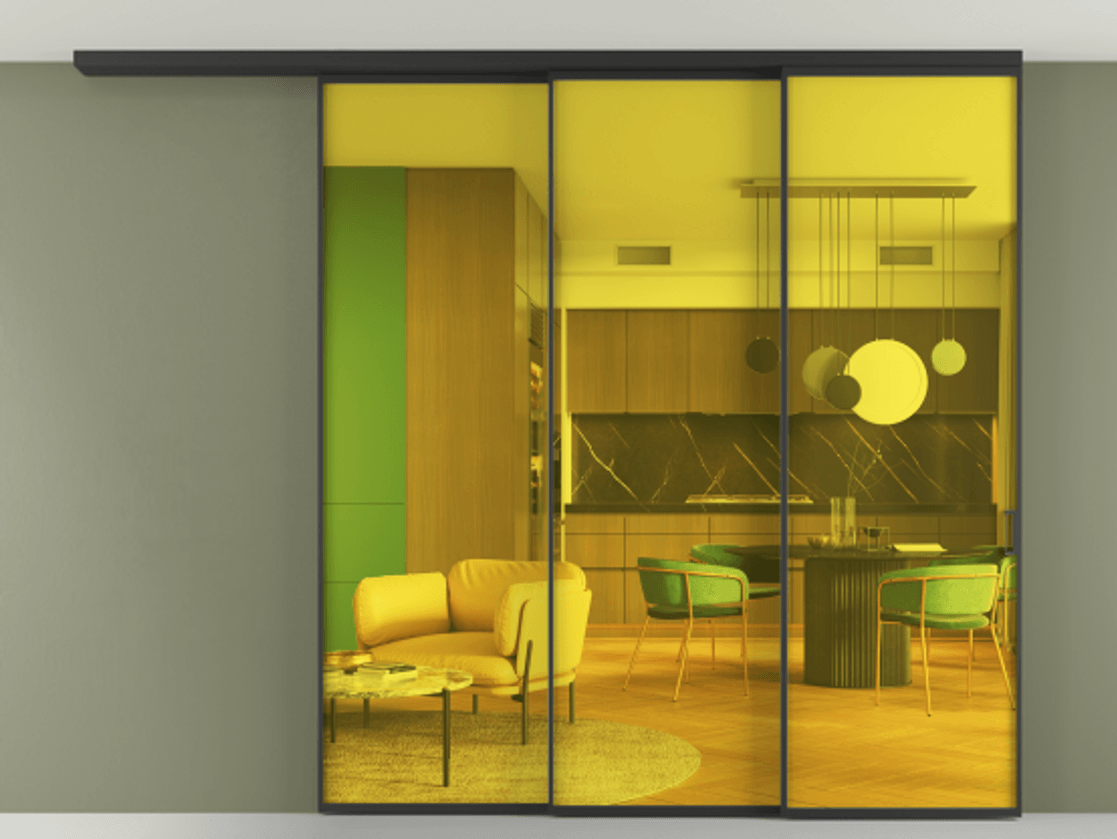 Перегородка Formato вдоль стены на потолок 3 створки с синхронным механизмом АЛПР 040.01 Алюминий Черный Прозрачное жёлтое стекло, триплекс Цена 19000 AZE | Volhovec