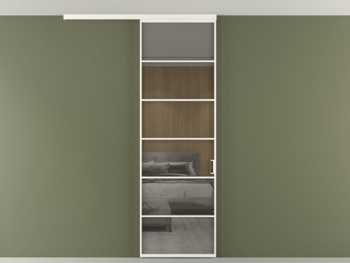 Перегородка Formato вдоль стены на потолок 1 створка АЛПР 040.04 Алюминий пудровый белый Рефлективное серое стекло "Стопсол", калёное Цена 6990 AZE | Volhovec