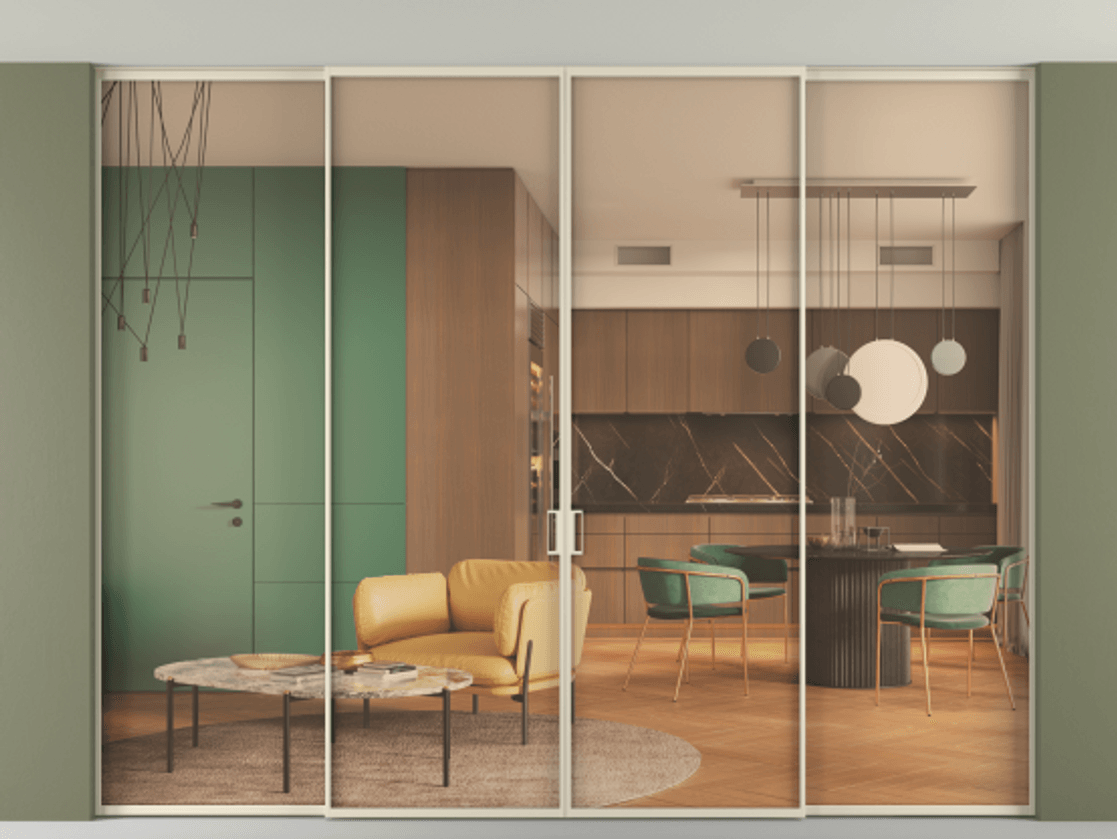 Перегородка Formato внутри проёма скрытое крепление в потолок 4 створки АЛПР 040.01 Алюминий бежево-серый Прозрачное оранжевое стекло, триплекс Цена 26000 AZE | Volhovec