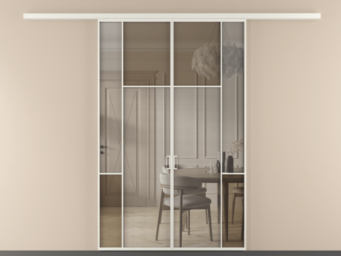Перегородка Mosaic вдоль стены двустворчатая АЛПР 041.10 Алюминий Белый Mesh silver + Бронза прозрачное триплекс Цена 13110 AZE | Volhovec