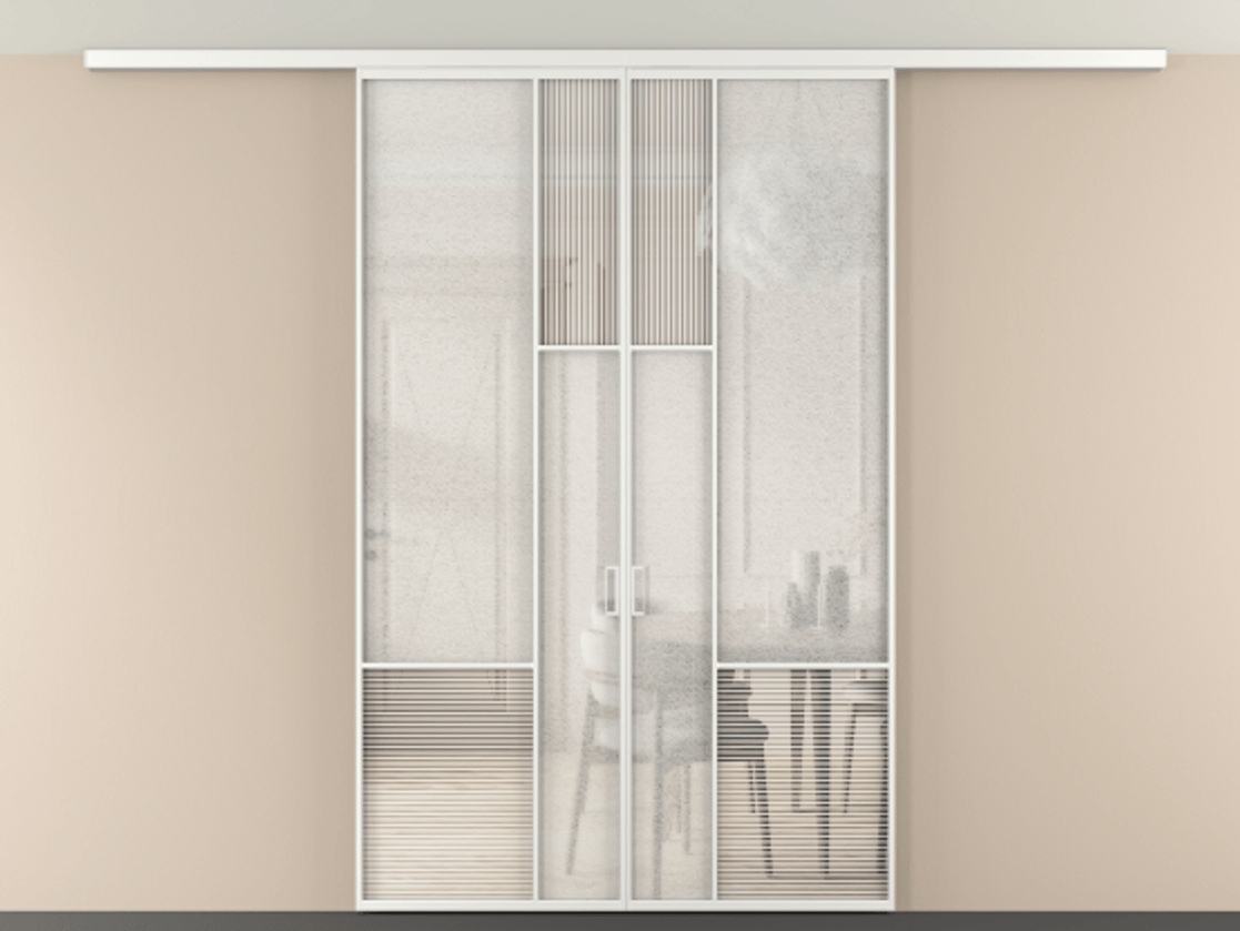 Перегородка Мозаик вдоль стены на потолок 2 створки АЛПР 041.13 Алюминий белоснежный Рифлёное стекло "Дюна", триплекс, 6 мм + Фактурное стекло "Лёд", триплекс Цена 14540 AZE | Volhovec