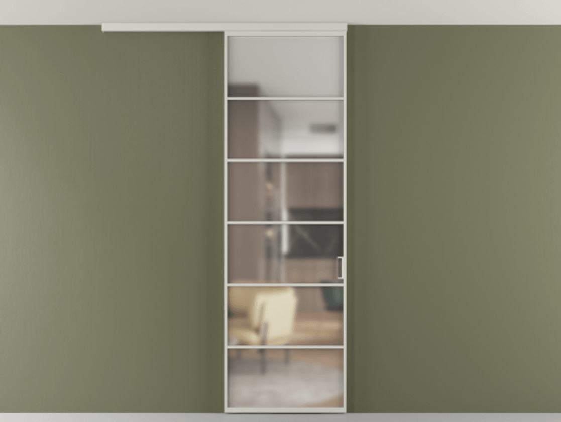 Перегородка Formato вдоль стены на потолок 1 створка АЛПР 040.04 Алюминий тёплый серый Сатинированное стекло "Мателюкс Кристал Вижн", калёное, матовое, каленое 6 мм Цена 6990 AZE | Volhovec