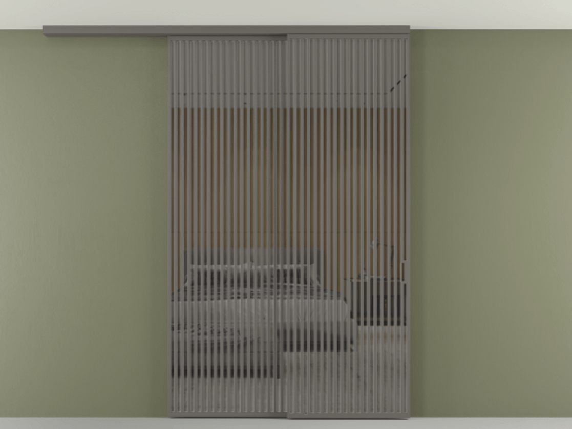 Перегородка Формато вдоль стены на потолок 2 створки с синхронным механизмом АЛПР 040.06 Алюминий классический серый Рефлективное серое стекло "Стопсол", калёное Цена 24150 AZE | Volhovec