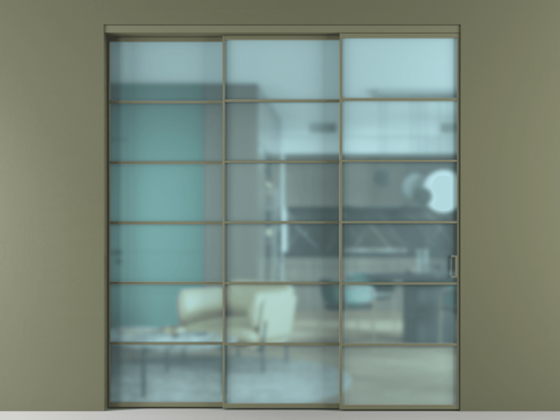 Перегородка Formato внутри проёма 3 створки с синхронным механизмом АЛПР 040.04 Алюминий оливковый тёмный Сатинированное голубое стекло, триплекс Цена 18900 AZE  | Volhovec