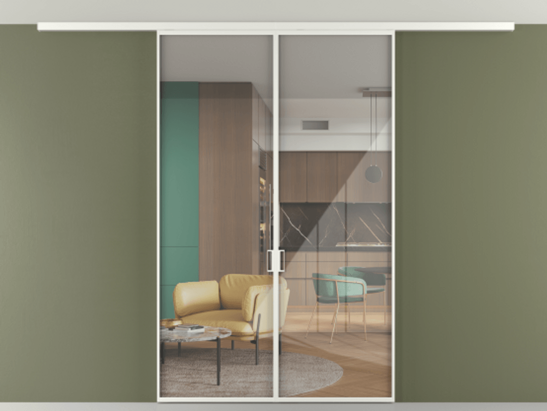 Перегородка Формато вдоль стены на потолок 2 створки АЛПР 040.01 Алюминий светло-серый Рефлективное прозрачное стекло "Стопсол", калёное Цена 12100 AZE | Volhovec