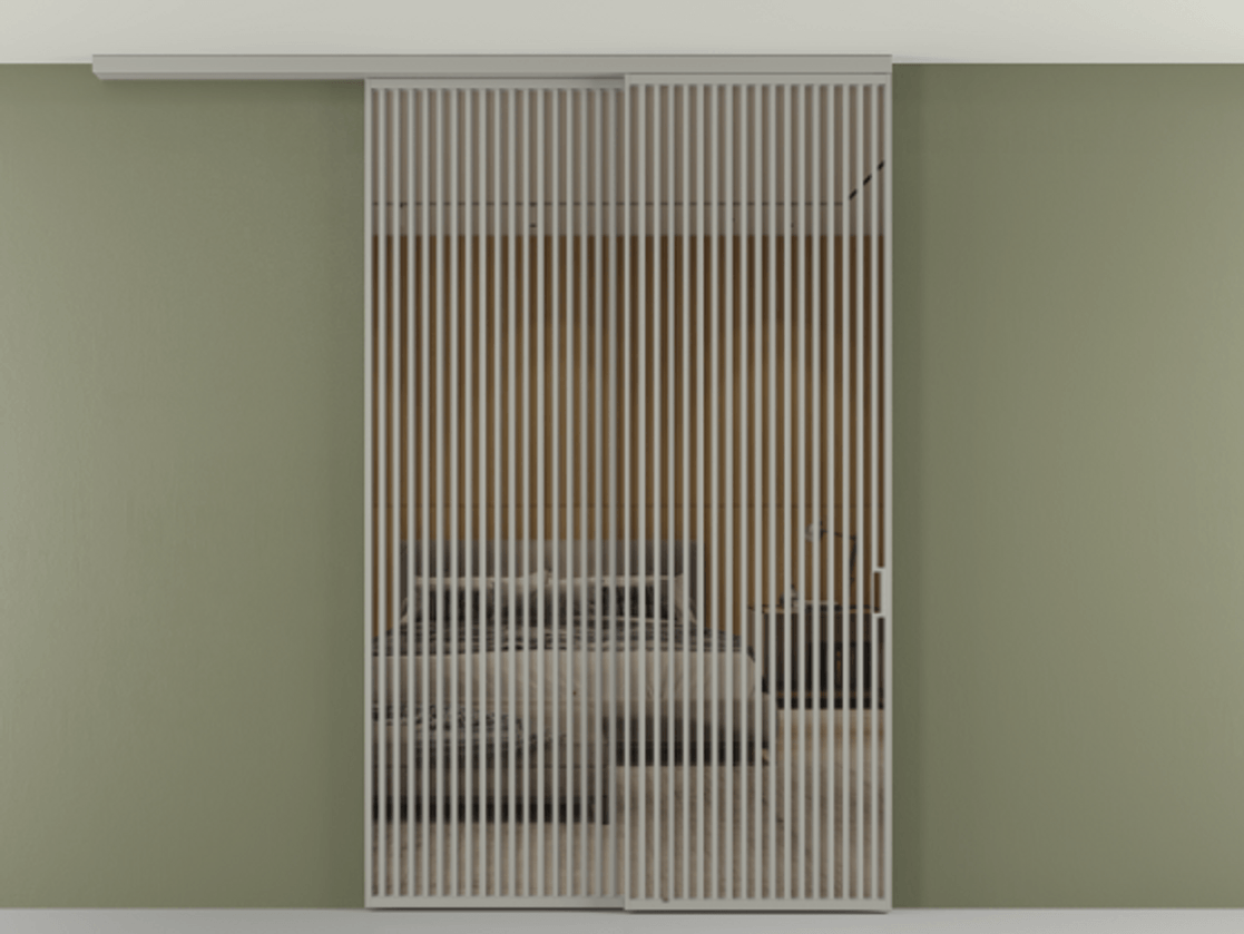 Перегородка Формато вдоль стены на потолок 2 створки с синхронным механизмом АЛПР 040.06 Алюминий нейтральный серый Рефлективное бронзовое стекло "Стопсол", калёное Цена 24150 AZE | Volhovec