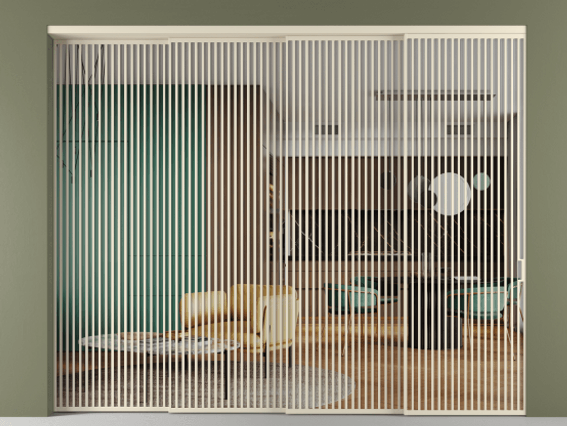 Перегородка Формато внутри проёма 4 створки с синхронным механизмом АЛПР 040.06 Алюминий бежево-серый Прозрачное стекло "Кристал Вижн", калёное Цена 41850 AZE | Volhovec