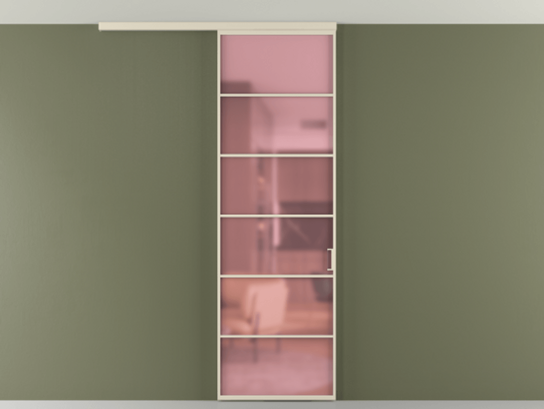 Перегородка Formato вдоль стены на потолок 1 створка АЛПР 040.04 Алюминий бежево-серый Сатинированное розовое стекло, триплекс Цена 6600 AZE | Volhovec