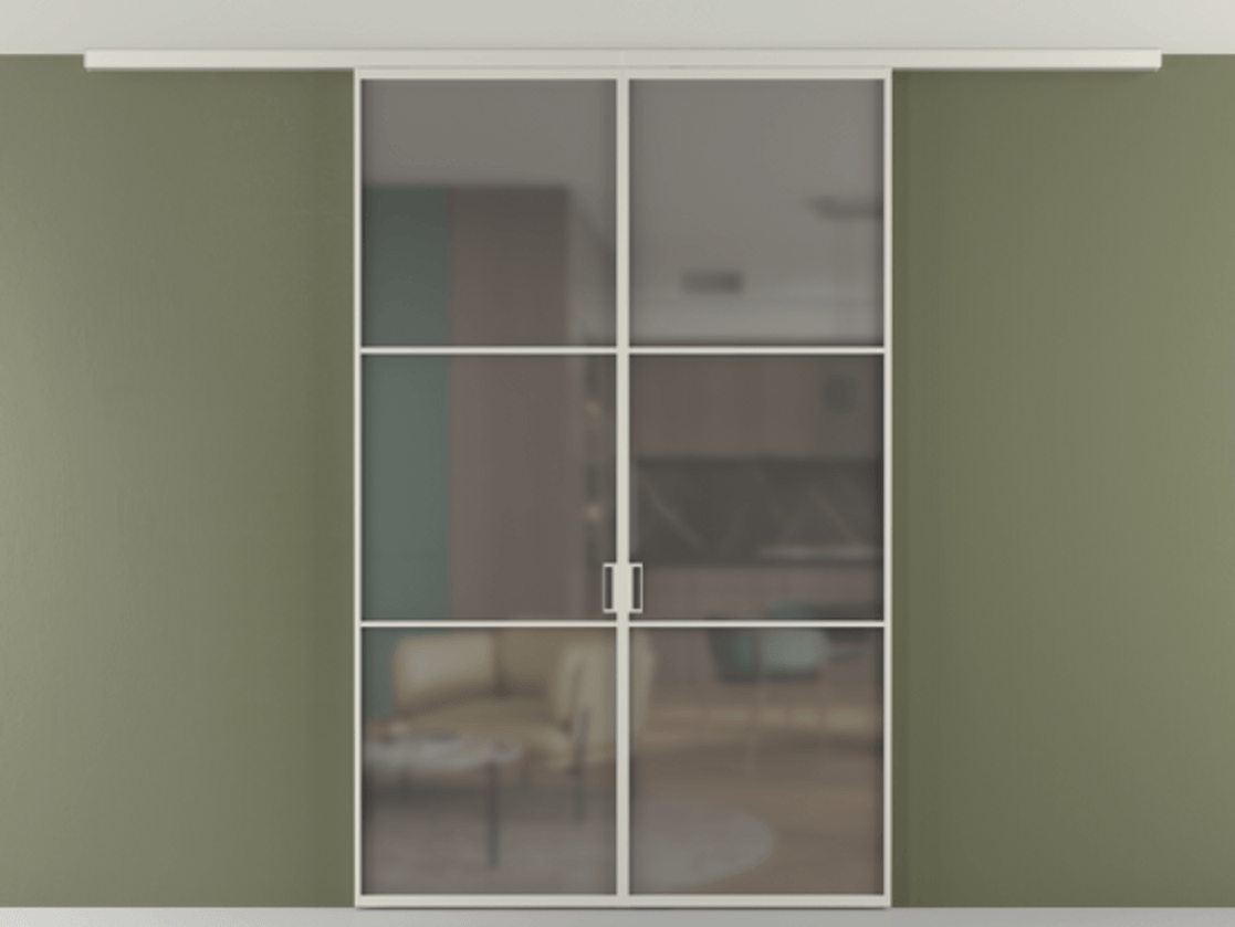 Перегородка Формато вдоль стены на потолок 2 створки АЛПР 040.03 Алюминий тёплый серый Сатинированное серое стекло, триплекс Цена 9730 AZE | Volhovec