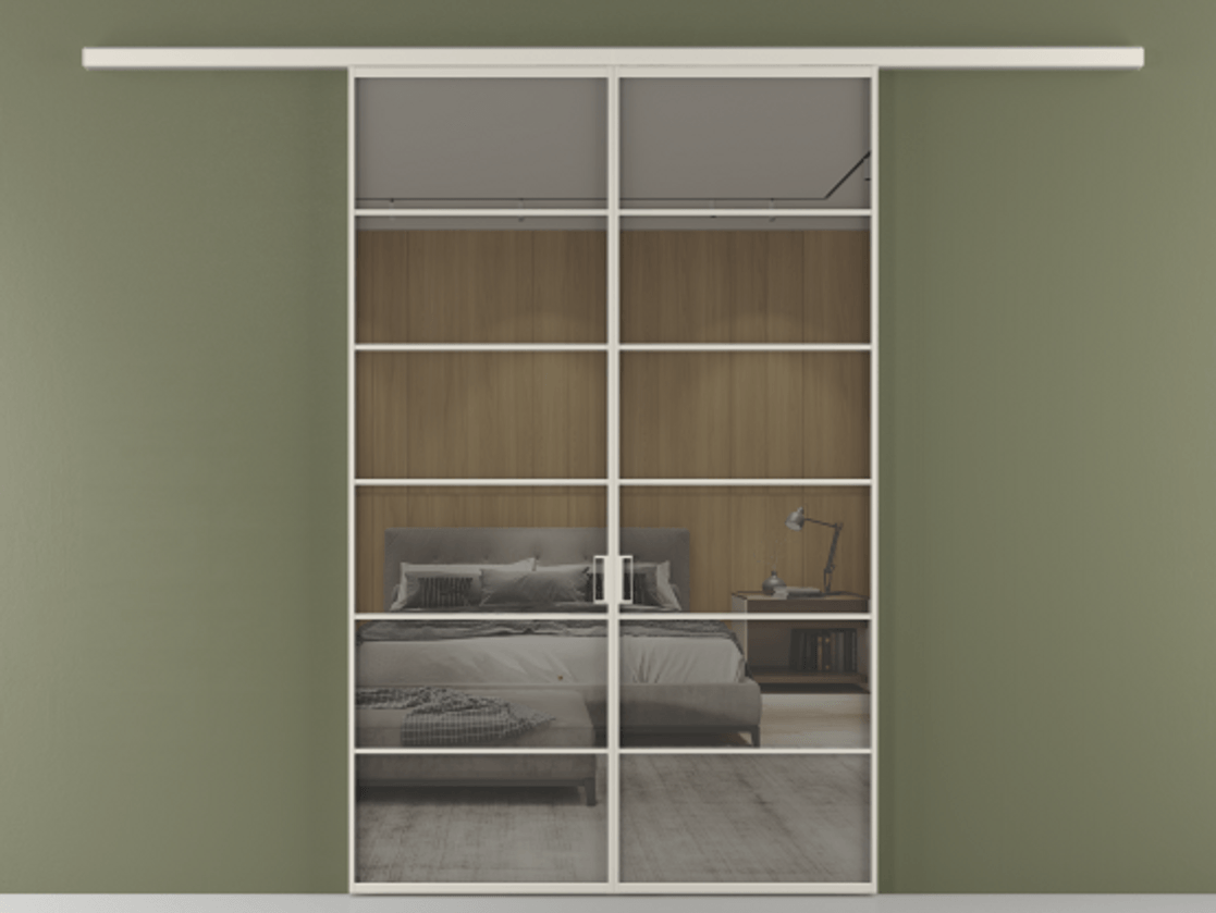 Перегородка Формато вдоль стены 2 створки АЛПР 040.04 Алюминий облачно-серый Рефлективное серое стекло "Стопсол", калёное Цена 13790 AZE | Volhovec