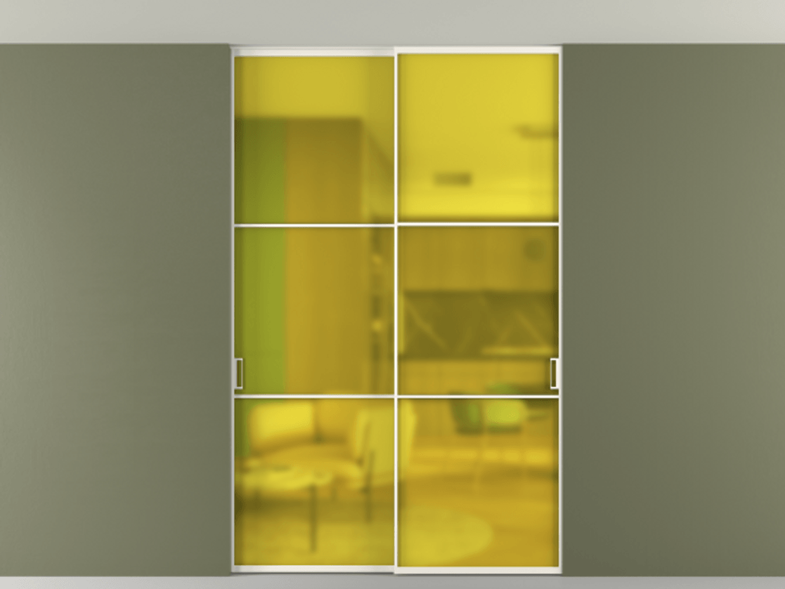 Перегородка Формато внутри проёма скрытое крепление в потолок 2 створки АЛПР 040.03 Алюминий пудровый белый Сатинированное жёлтое стекло, триплекс Цена 12900 AZE | Volhovec