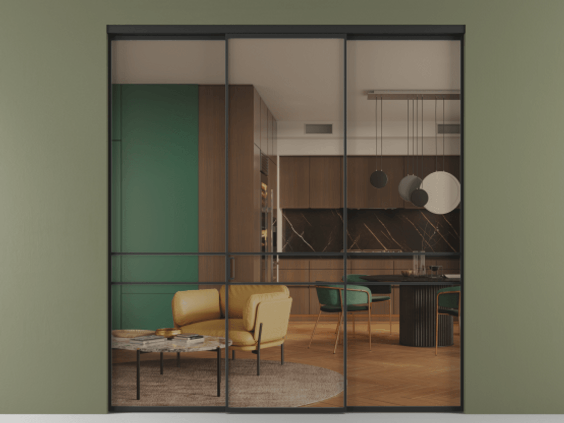 Перегородка Формато внутри проёма 3 створки АЛПР 040.02 Алюминий Черный Прозрачное бронзовое стекло, триплекс Цена 11880 AZE | Volhovec