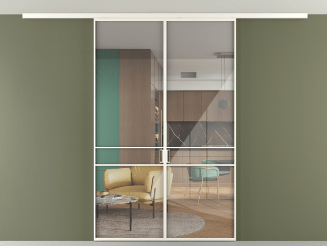 Перегородка Формато вдоль стены на потолок 2 створки АЛПР 040.02 Алюминий пудровый белый Рефлективное прозрачное стекло "Стопсол", калёное Цена 12710 AZE | Volhovec