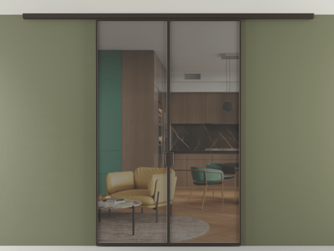 Перегородка Формато вдоль стены на потолок 2 створки АЛПР 040.01 Алюминий антрацит Прозрачное серое стекло, триплекс Цена 9260 AZE | Volhovec