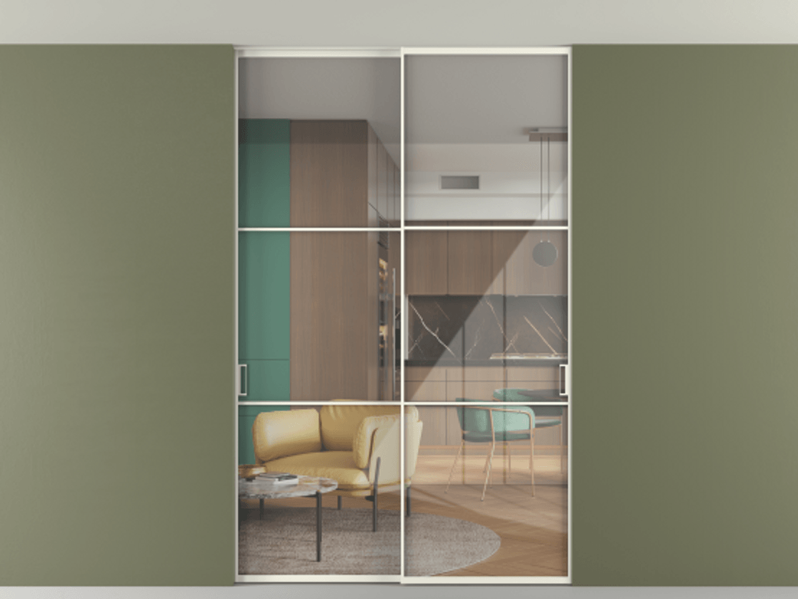 Перегородка Формато внутри проёма скрытое крепление в потолок 2 створки АЛПР 040.03 Алюминий жемчужный Рефлективное прозрачное стекло "Стопсол", калёное. Цена 15930 AZE 1. Полотно 2 шт. (800/2100 мм)
2. Комплект установки раздвижной системы
3. Базовый комплект фурнитуры
4. Ручка Рондо. Фабрика дверей Волховец 8 (800) 551 43 19 Перегородка Формато внутри проёма скрытое крепление в потолок 2 створки АЛПР 040.03 Алюминий жемчужный Рефлективное прозрачное стекло "Стопсол", калёное Цена 15930 AZE | Volhovec