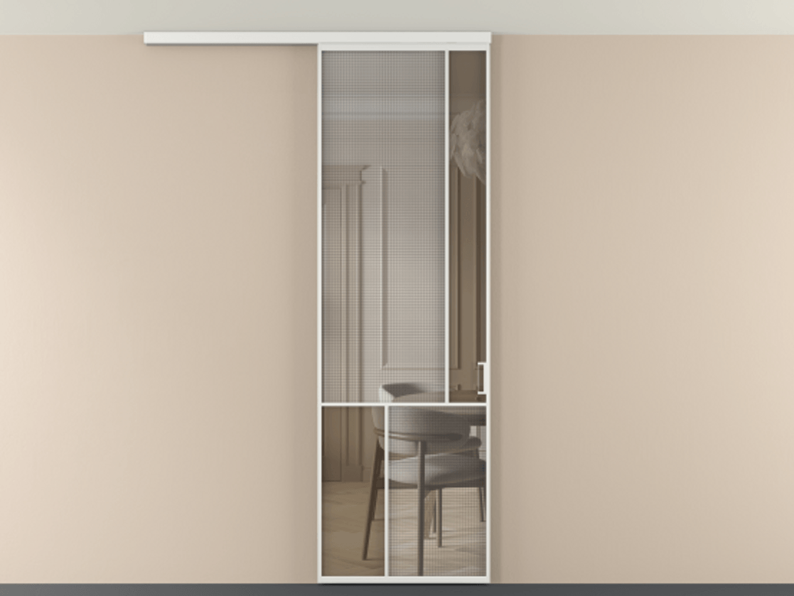 Перегородка Mosaic вдоль стены на потолок 1 створка АЛПР 041.21 Алюминий белоснежный Декоративное стекло с сеткой "Mesh silver", триплекс, 6 мм + Прозрачное бронзовое стекло, триплекс Цена 7350 AZE | Volhovec