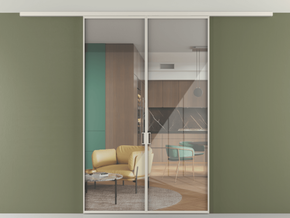 Перегородка Формато вдоль стены на потолок 2 створки АЛПР 040.01 Алюминий облачно-серый Рефлективное прозрачное стекло "Стопсол", калёное Цена 10330 AZE | Volhovec