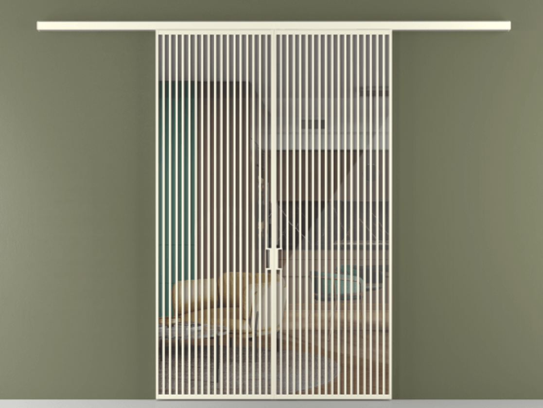 Перегородка Формато вдоль стены 2 створки АЛПР 040.06 Алюминий молочно-белый Рефлективное прозрачное стекло "Стопсол", калёное Цена 445000 ₽ | Volhovec