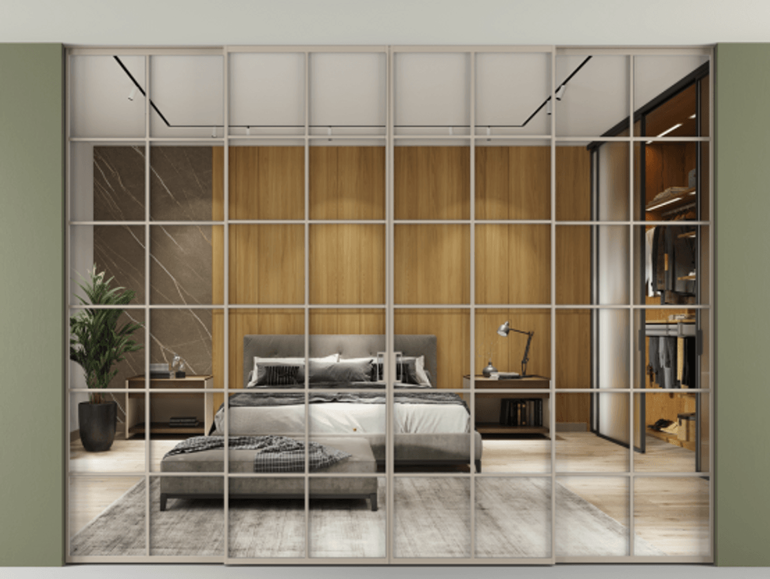 Перегородка Формато внутри проёма скрытое крепление в потолок 4 створки АЛПР 040.05 Алюминий бисквитный Двустороннее зеркало, триплекс , триплекс 6 мм Цена 25250 AZE | Volhovec