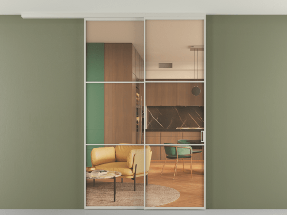 Перегородка Formato вдоль стены на потолок 2 створки с синхронным механизмом АЛПР 040.03 Алюминий тёплый серый Прозрачное оранжевое стекло, триплекс Цена 14500 AZE | Volhovec