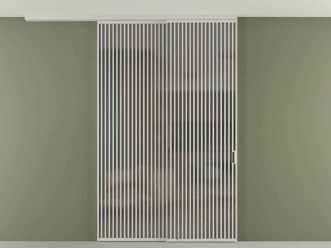 Перегородка Формато вдоль стены на потолок 2 створки с синхронным механизмом АЛПР 040.06 Алюминий тёплый серый Сатинированное серое стекло, триплекс Цена 27450 AZE | Volhovec