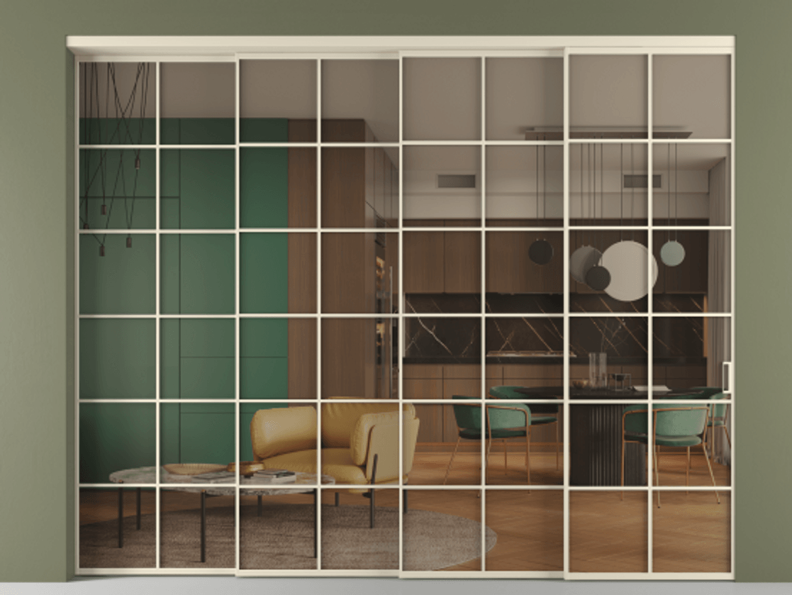 Перегородка Формато внутри проёма 4 створки с синхронным механизмом АЛПР 040.05 Алюминий бежево-серый Прозрачное бронзовое стекло, триплекс Цена 25470 AZE | Volhovec