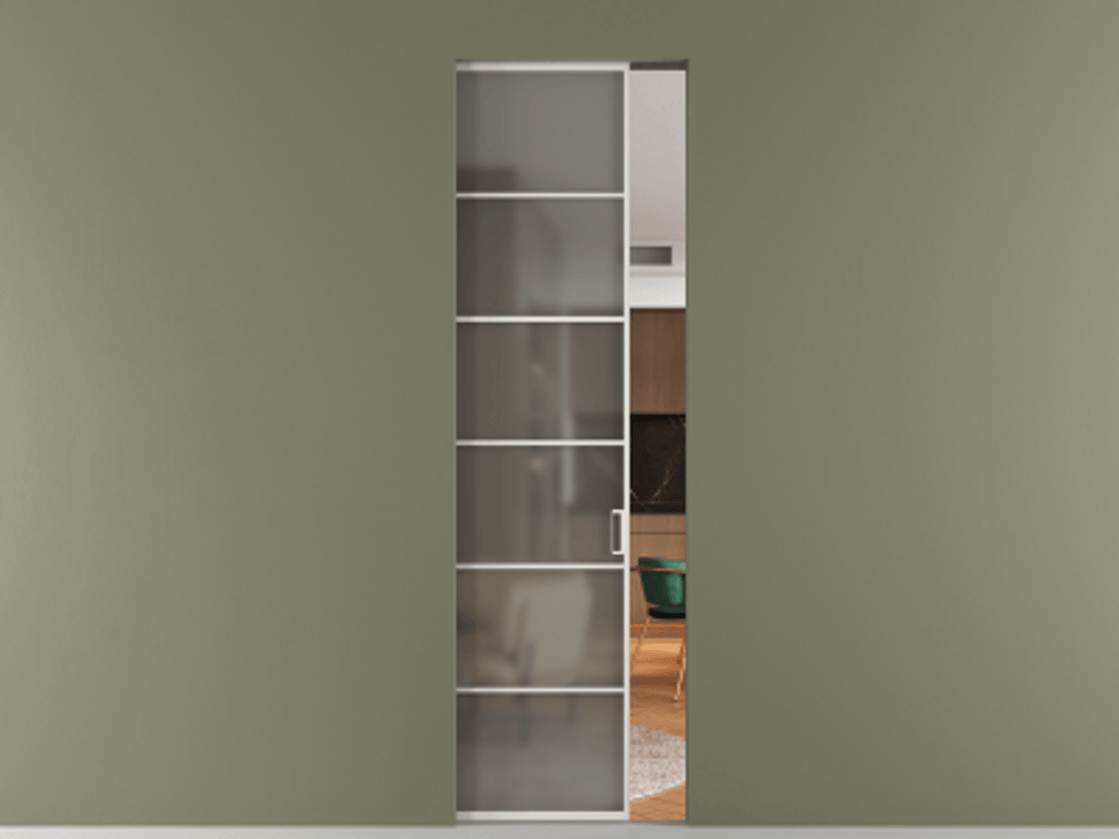 Перегородка Formato скрытый пенал 1 створка АЛПР 040.04 Алюминий Белый Сатинированное серое стекло, триплекс Цена 9100 AZE | Volhovec