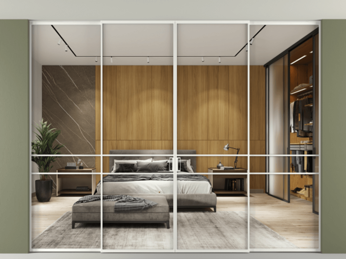 Перегородка Formato внутри проёма скрытое крепление в потолок 4 створки АЛПР 040.02 Алюминий светло-серый Двустороннее зеркало, триплекс , триплекс 6 мм Цена 22960 AZE | Volhovec