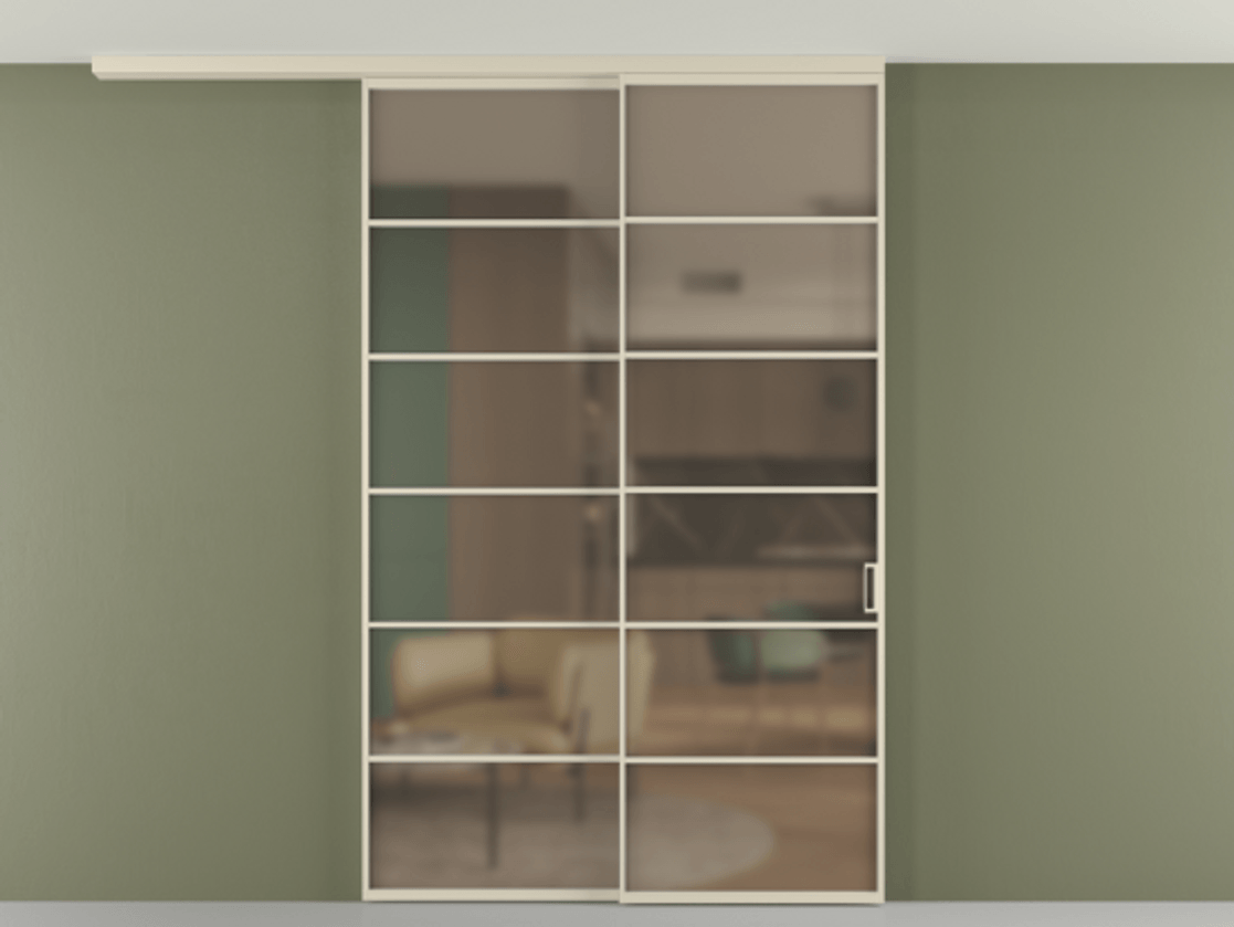 Перегородка Формато вдоль стены на потолок 2 створки с синхронным механизмом АЛПР 040.04 Алюминий бежево-серый Сатинированное бронзовое стекло, триплекс Цена 17110 AZE | Volhovec