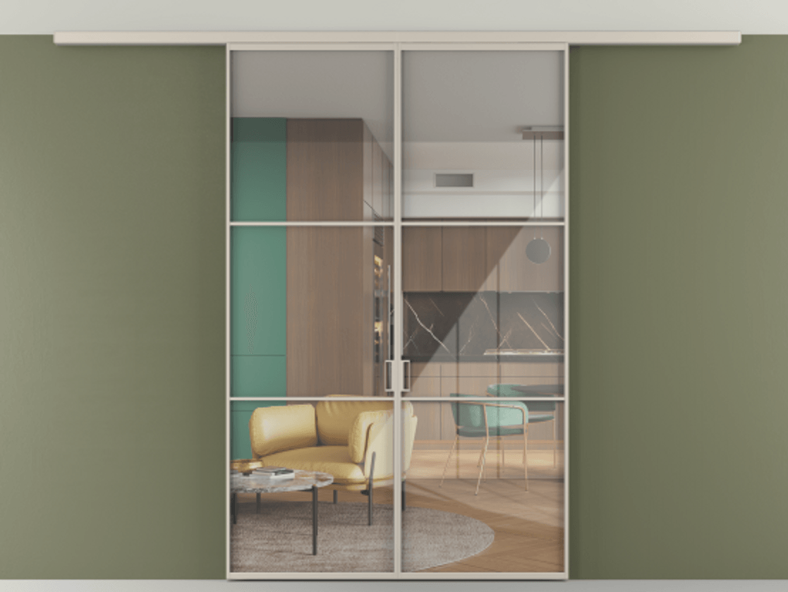 Перегородка Формато вдоль стены на потолок 2 створки АЛПР 040.03 Алюминий светло-бежевый Рефлективное прозрачное стекло "Стопсол", калёное Цена 10830 AZE | Volhovec