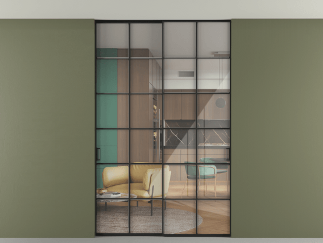 Перегородка Формато внутри проёма скрытое крепление в потолок 2 створки АЛПР 040.05 Алюминий Черный Рефлективное прозрачное стекло "Стопсол", калёное Цена 313880 ₽ | Volhovec