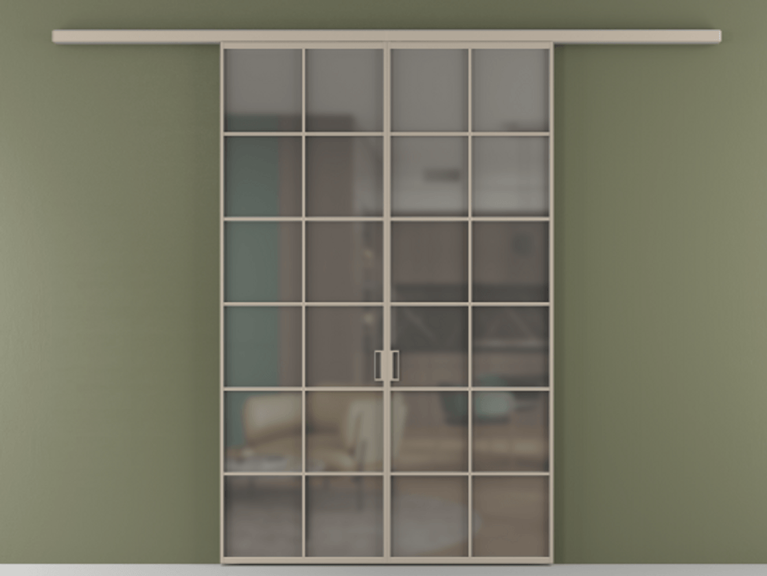 Перегородка Формато вдоль стены 2 створки АЛПР 040.05 Алюминий бисквитный Сатинированное серое стекло, триплекс Цена 10800 AZE | Volhovec