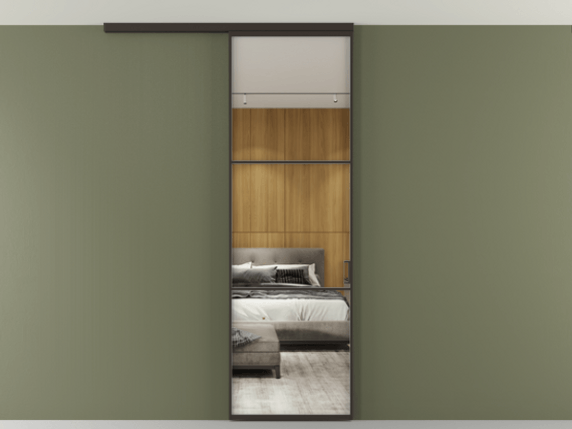 Перегородка Формато вдоль стены на потолок 1 створка АЛПР 040.03 Алюминий антрацит Двустороннее зеркало, триплекс , триплекс 6 мм Цена 5260 AZE | Volhovec