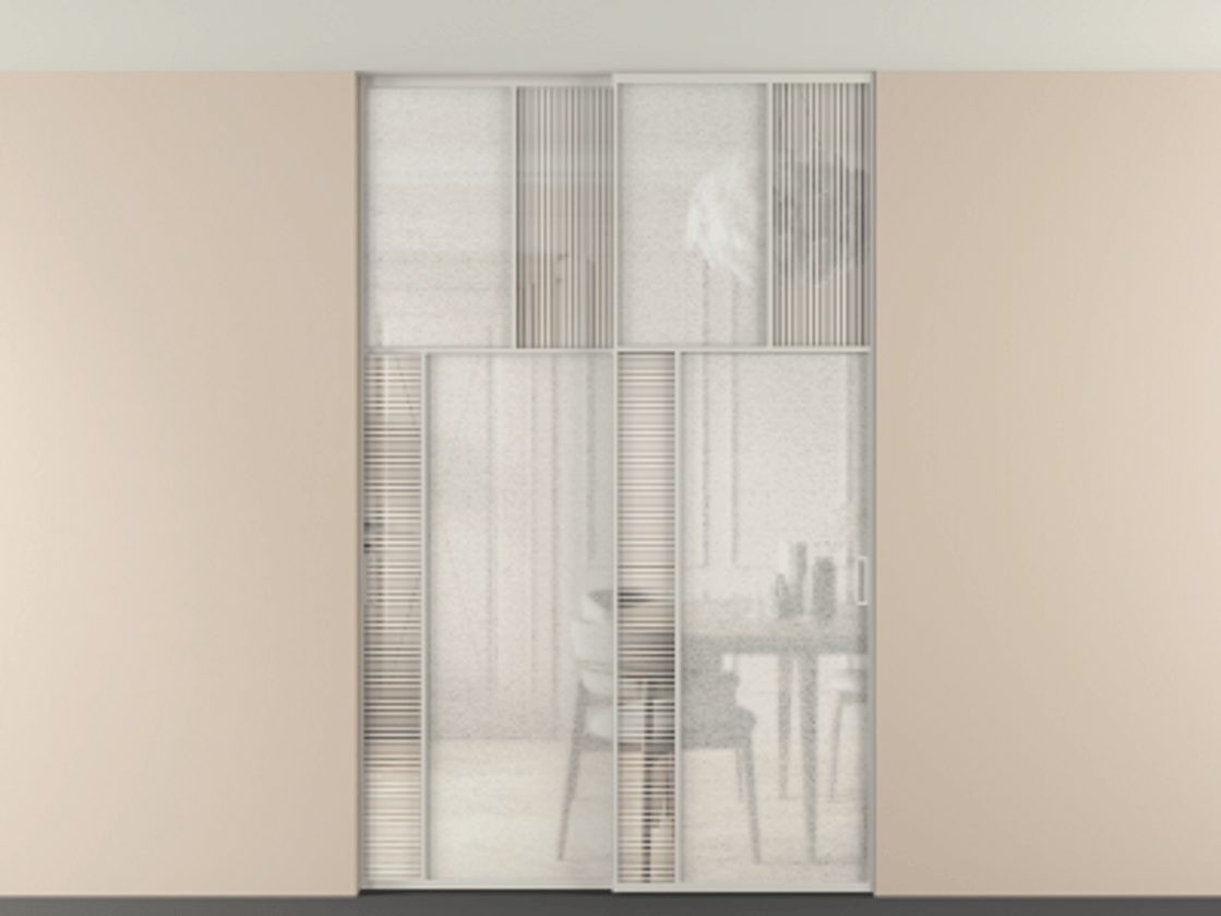 Перегородка Мозаик внутри проёма скрытое крепление в потолок 2 створки АЛПР 041.22 Алюминий тёплый серый Рифлёное стекло "Дюна", триплекс, 6 мм + Фактурное стекло "Лёд", триплекс Цена 17750 AZE | Volhovec