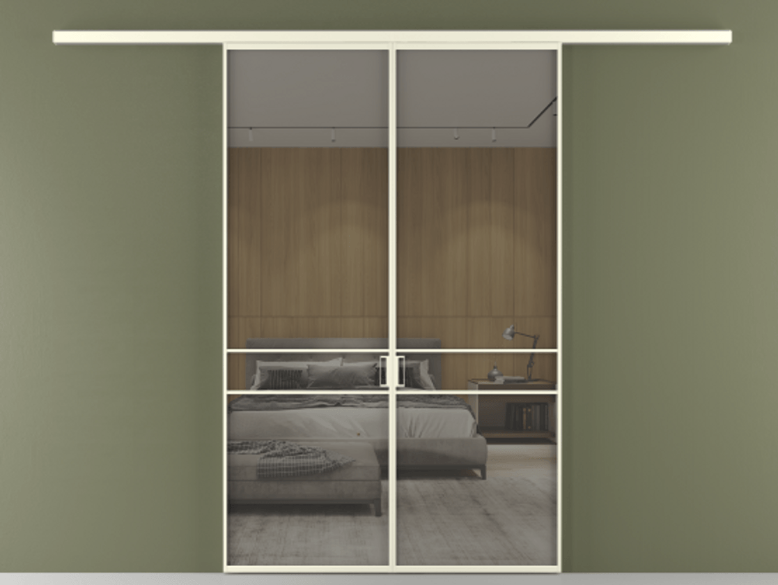 Перегородка Формато вдоль стены 2 створки АЛПР 040.02 Алюминий молочно-белый Рефлективное серое стекло "Стопсол", калёное Цена 12980 AZE | Volhovec